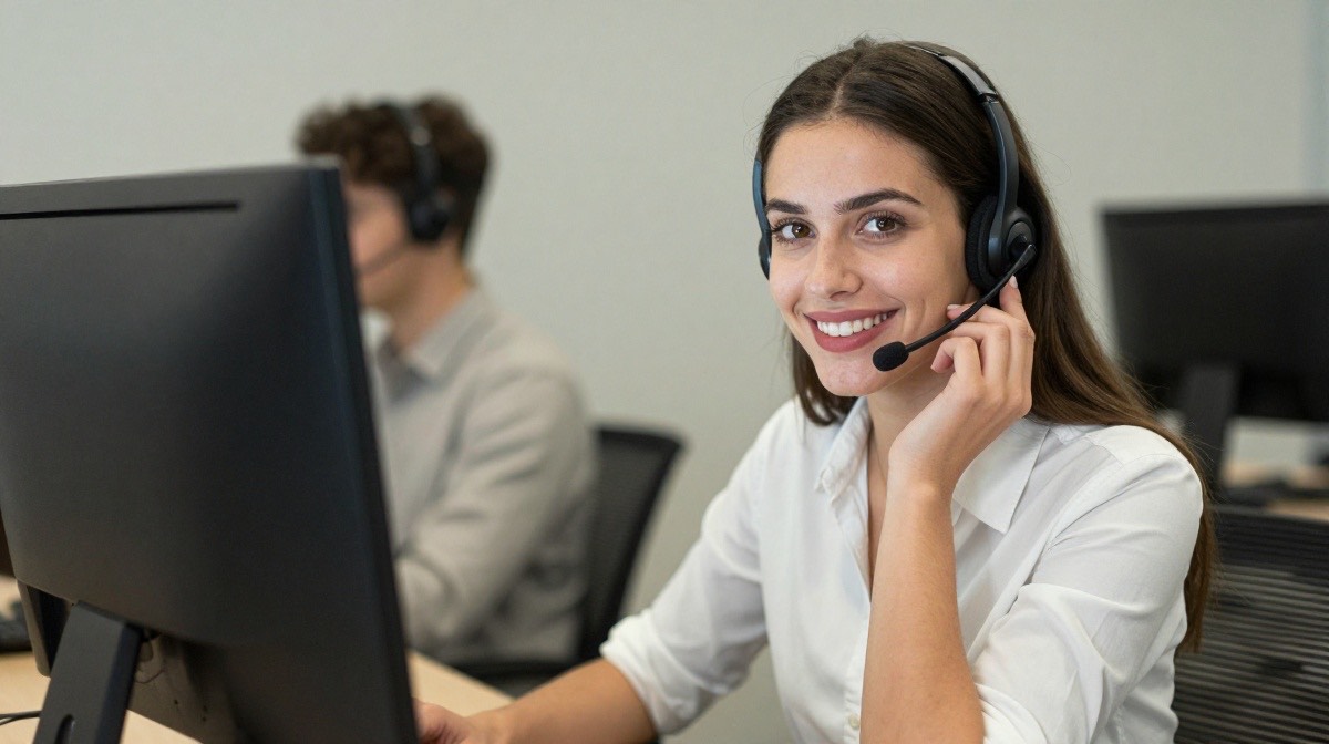 Smiling support agent wearing a headset at a call center